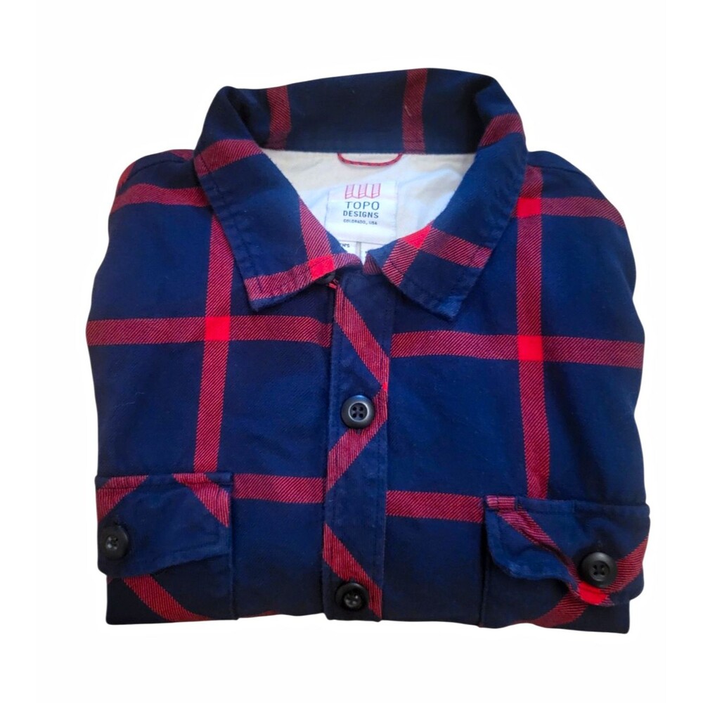 Topo Designs Men’s Flannel Button-Up Shirt M Blue Red Plaid  Organic Cotton